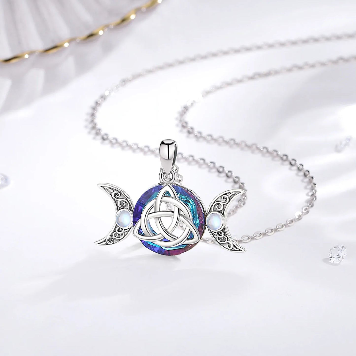 925 Sterling Silver Triple Moon Triquetra Austrian Crystal Moonstone Necklace