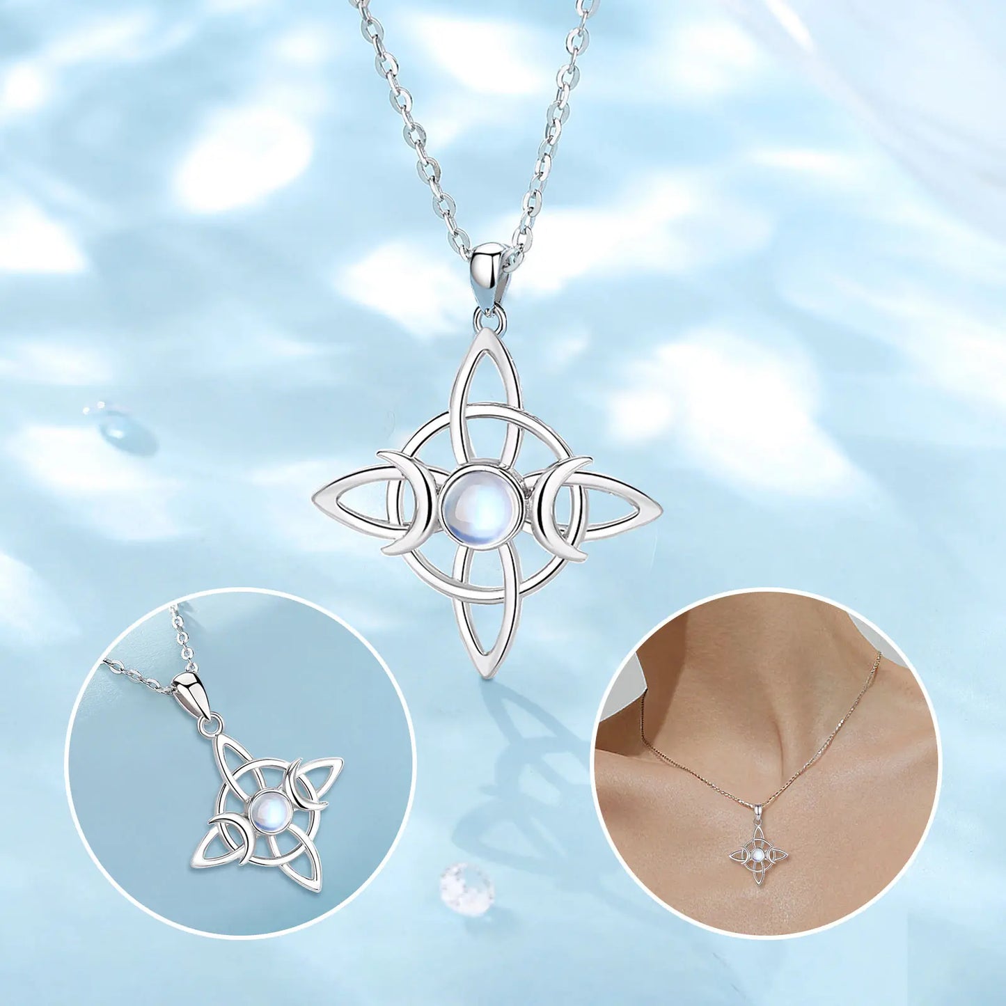 925 Sterling Silver Celtic Triple Moon Moonstone Necklace