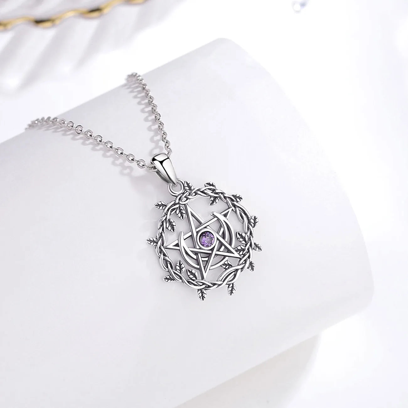 925 Sterling Silver Olive Leaf Moon Wiccan Pentagram Necklace With Cubic Zirconia