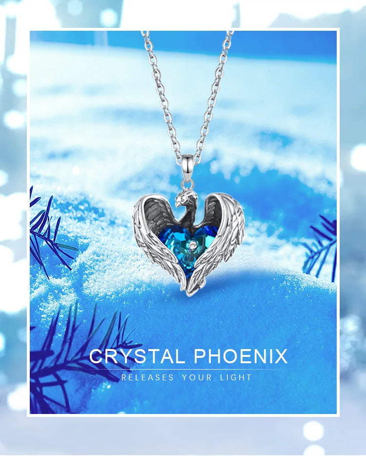 925 Sterling Silver Blue Austrian Crystal Phoenix Heart Necklace