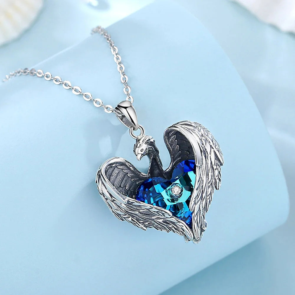 925 Sterling Silver Blue Austrian Crystal Phoenix Heart Necklace