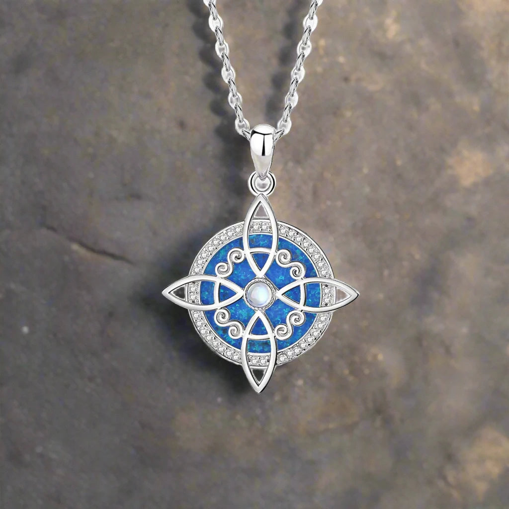 925 Sterling Silver Square Celtic Knot Opal Moonstone Necklace