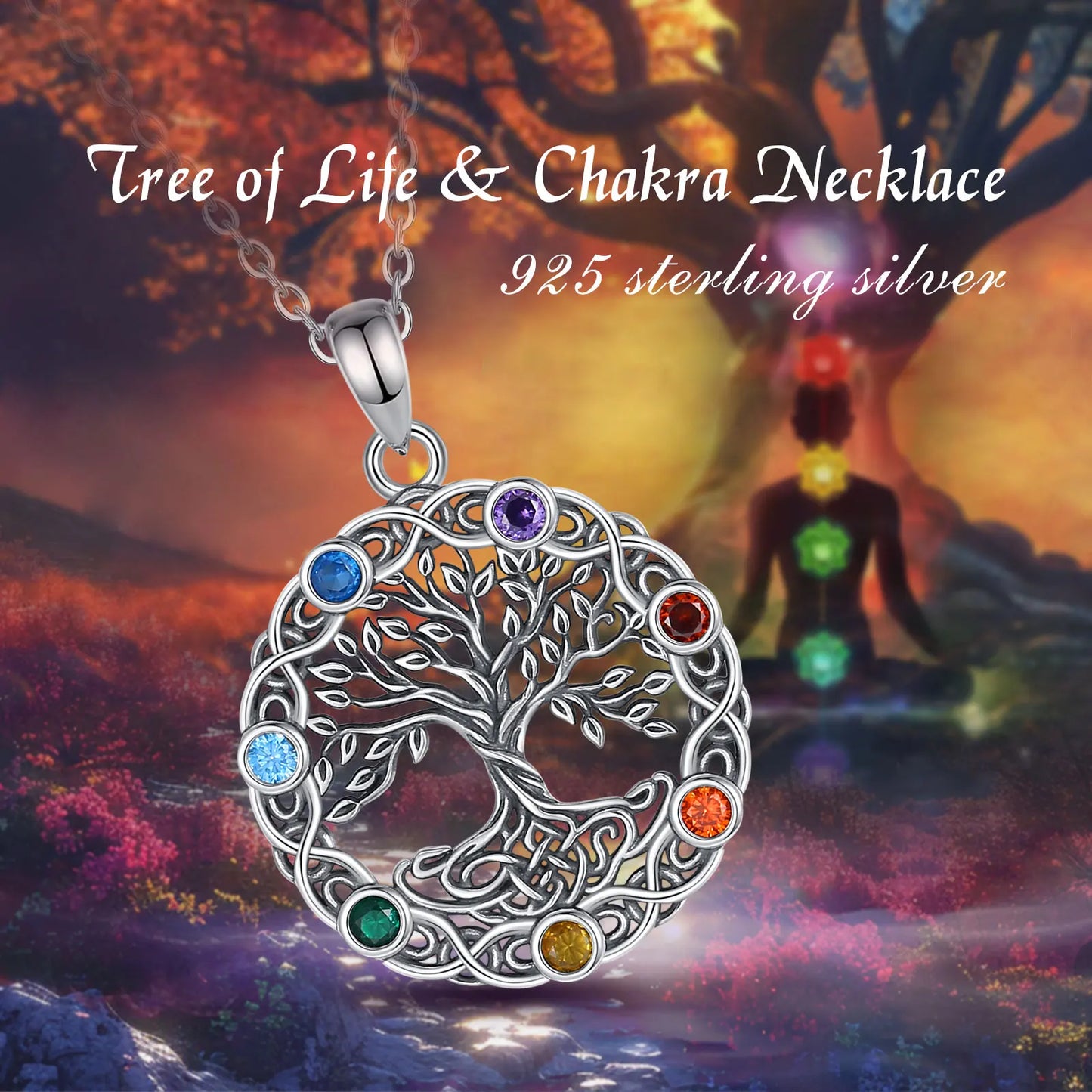 925 Sterling Silver Tree of Life Chakra Necklace