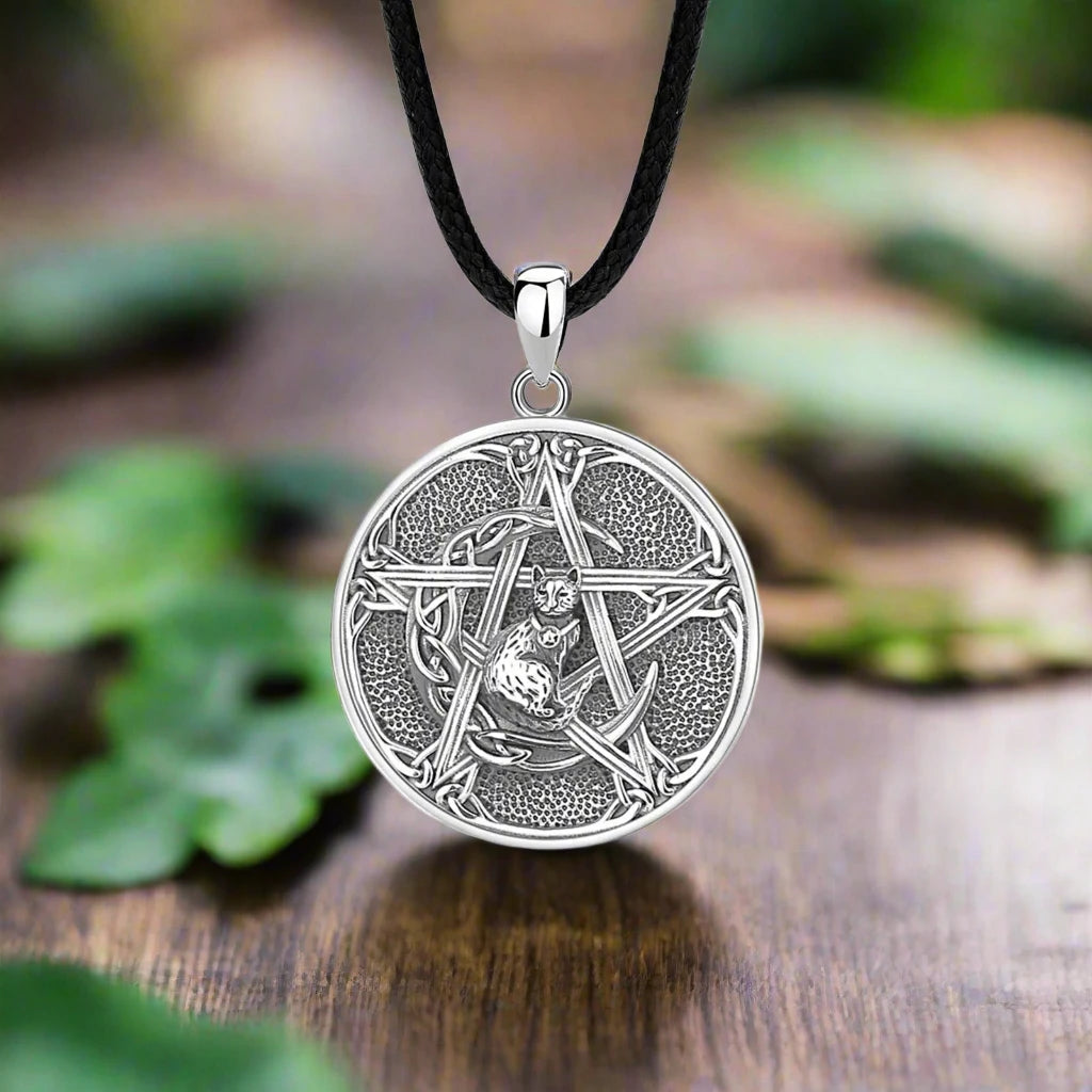 925 Sterling Silver Pentagram Cat Amulet Necklace