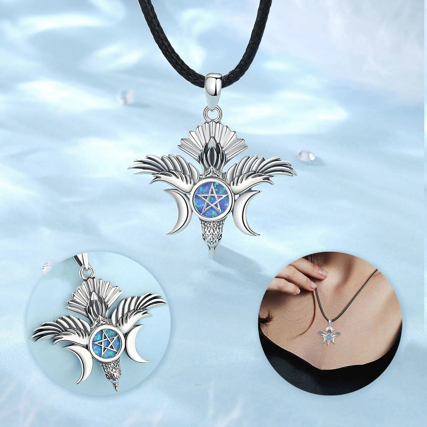 925 Sterling Silver Raven Triple Moon Necklace