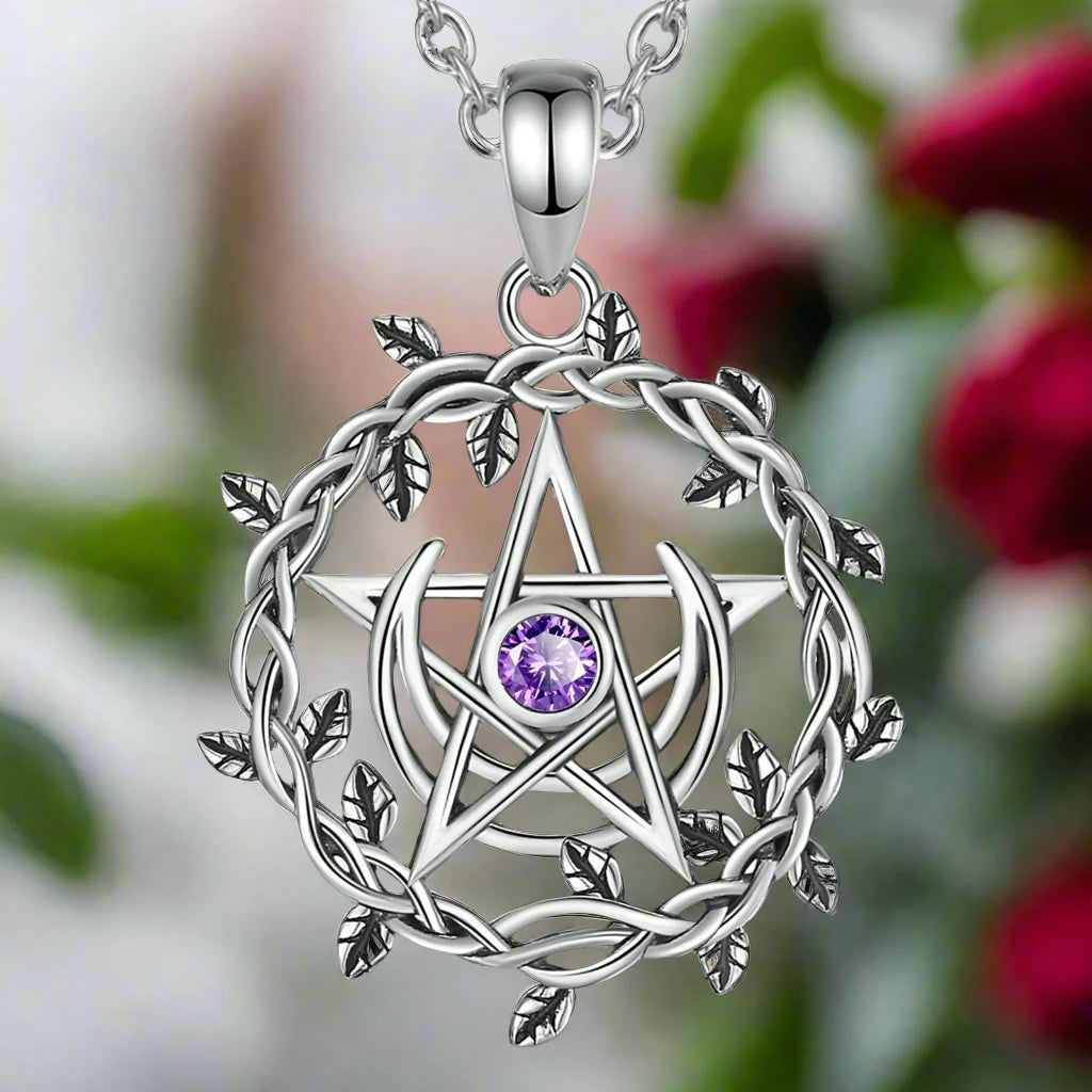 925 Sterling Silver Olive Leaf Moon Wiccan Pentagram Necklace With Cubic Zirconia