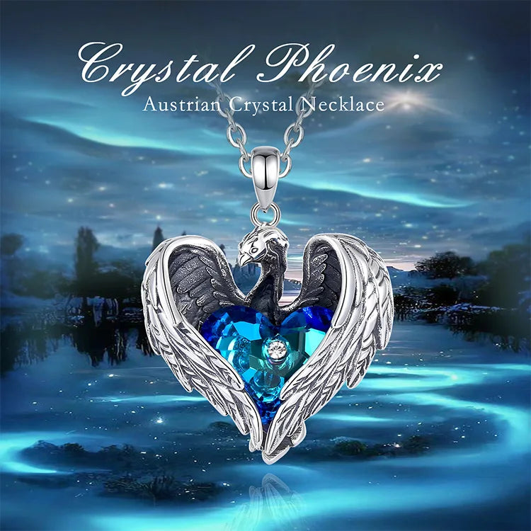 925 Sterling Silver Blue Austrian Crystal Phoenix Heart Necklace