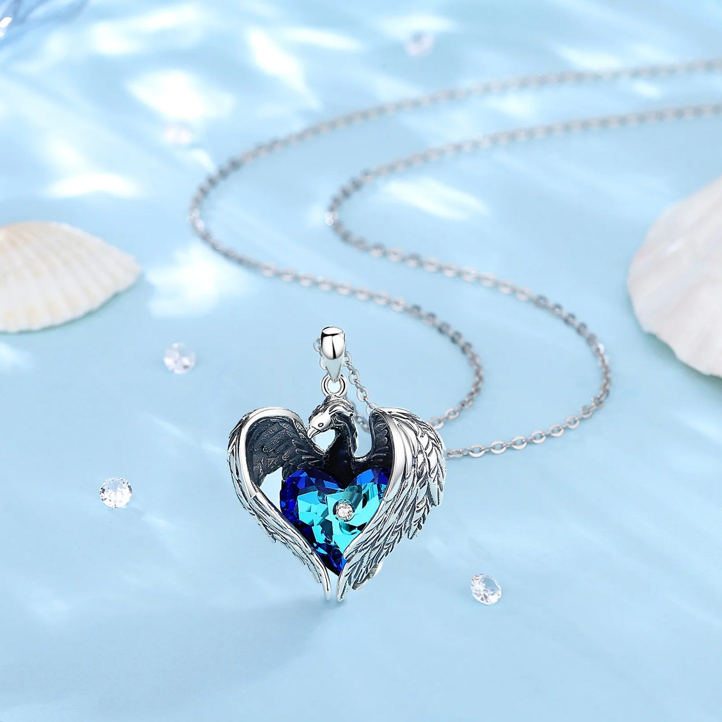 925 Sterling Silver Blue Austrian Crystal Phoenix Heart Necklace