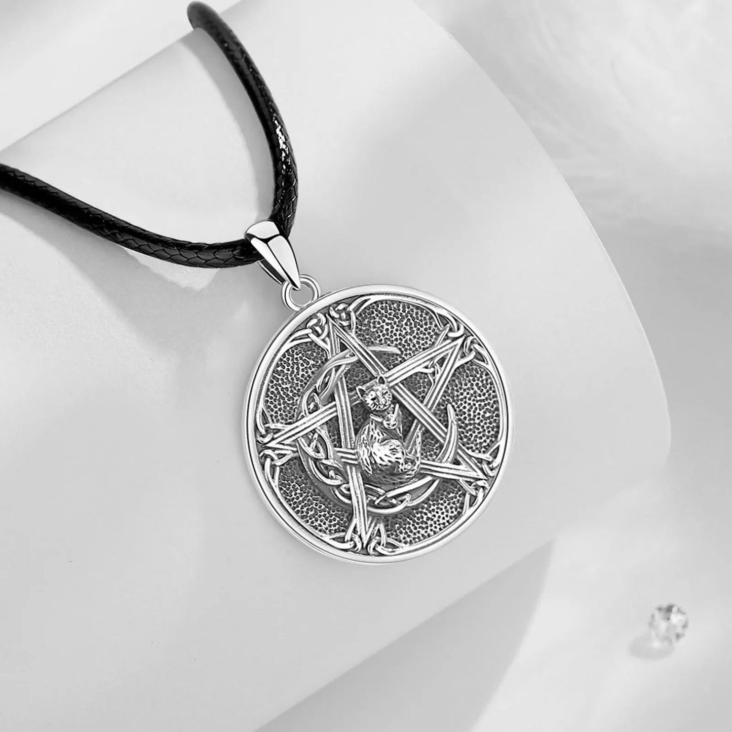 925 Sterling Silver Pentagram Cat Amulet Necklace