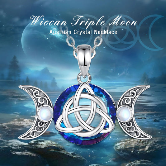 925 Sterling Silver Triple Moon Triquetra Austrian Crystal Moonstone Necklace