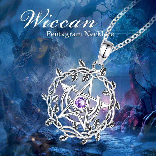 925 Sterling Silver Olive Leaf Moon Wiccan Pentagram Necklace With Cubic Zirconia